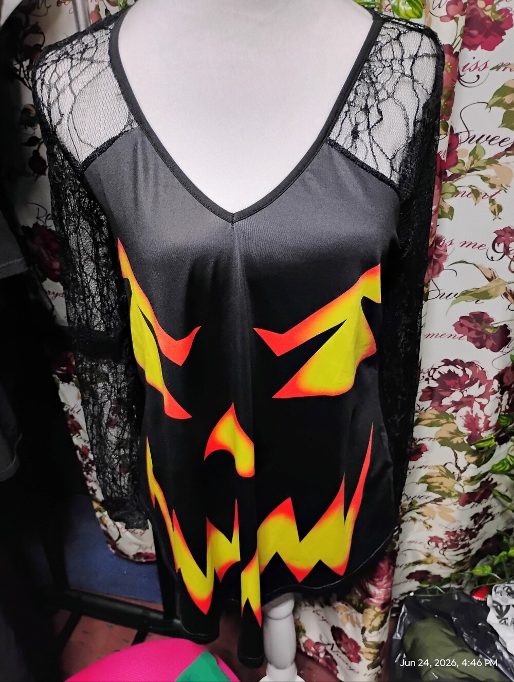 ❤️Black Lace-Sleeve Pumpkin Face Shirt
